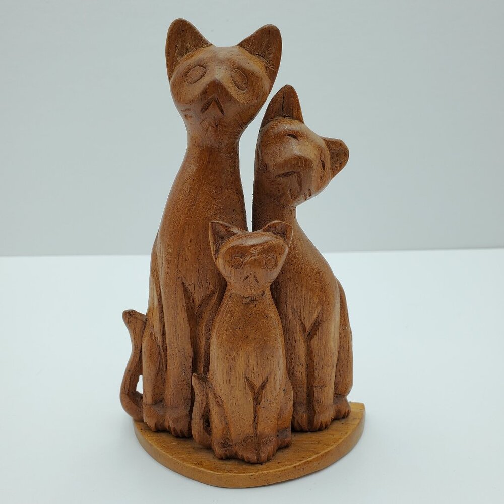 Wooden Cat Figurine Three Wood Cats Kittens Statue Primitive Wooden Cats